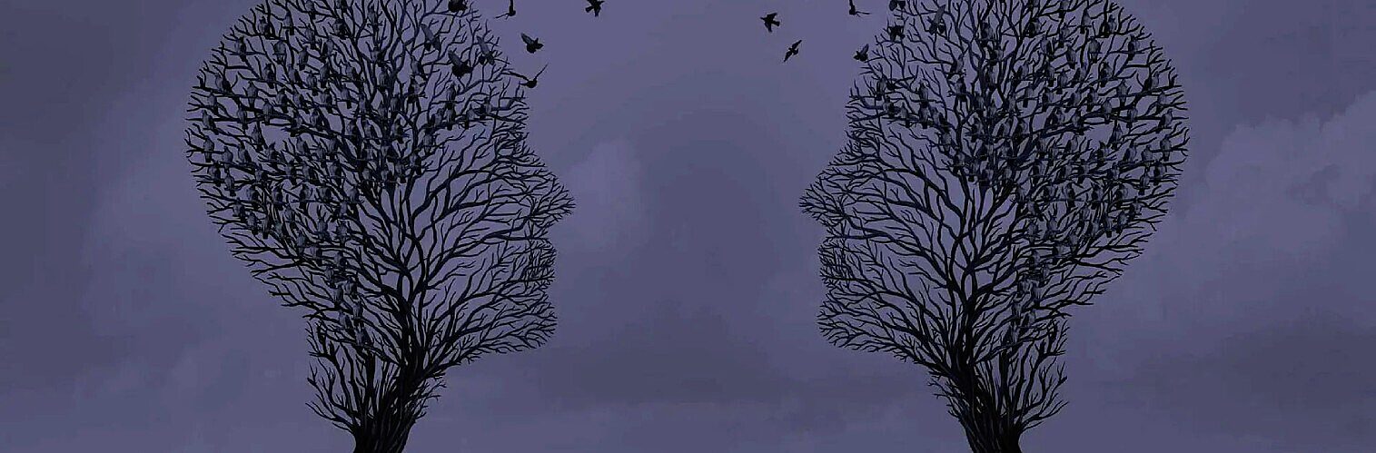 Abstract image of two trees whose branches form human head profiles facing each other, with birds flying between them against a dark, moody sky.