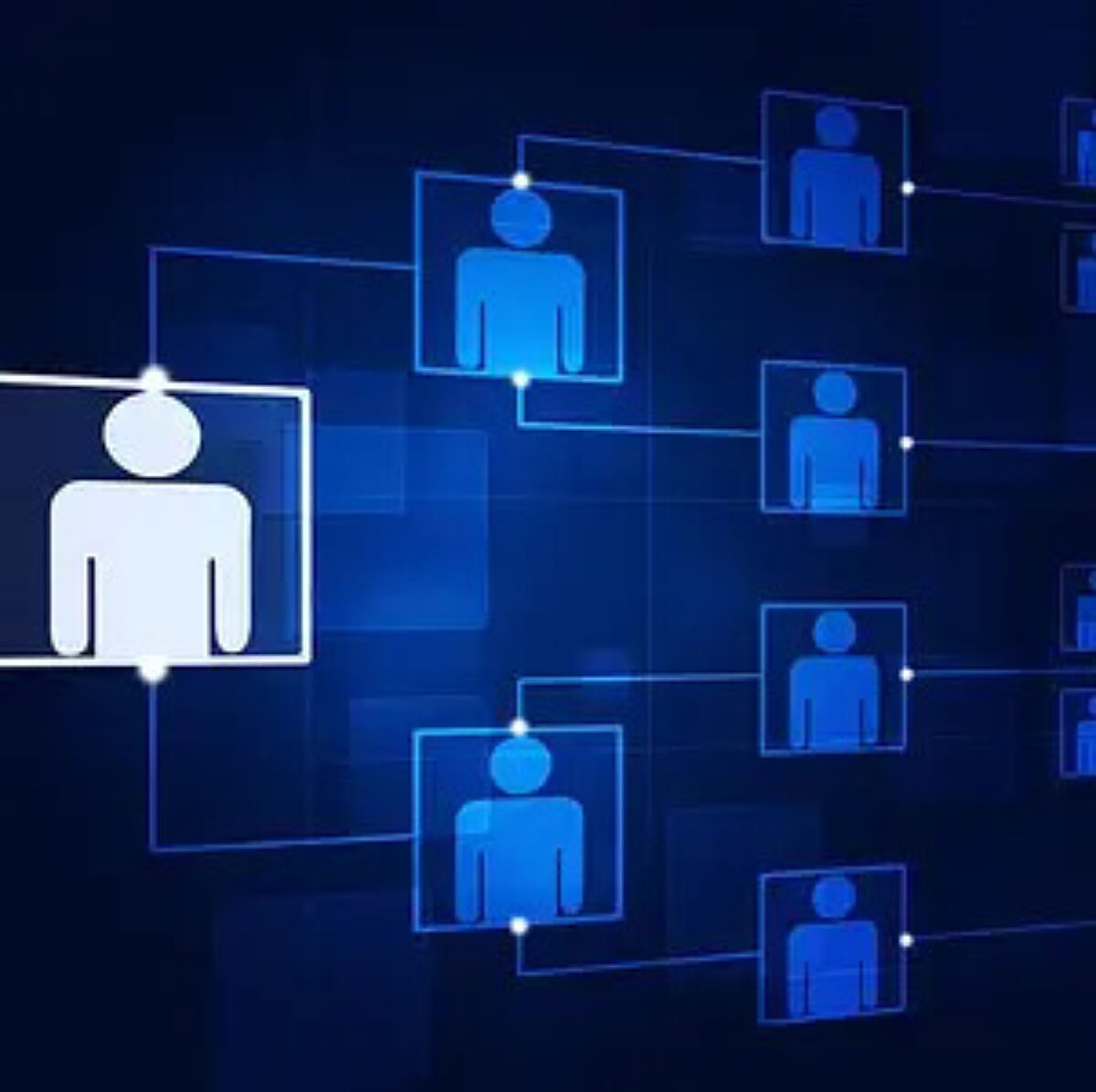 Digital graphic displaying a network or organisational structure with interconnected blue profile icons. One icon is prominently highlighted in white, linked to others, suggesting a key role, connection, or focus within the team structure on a dark blue background.