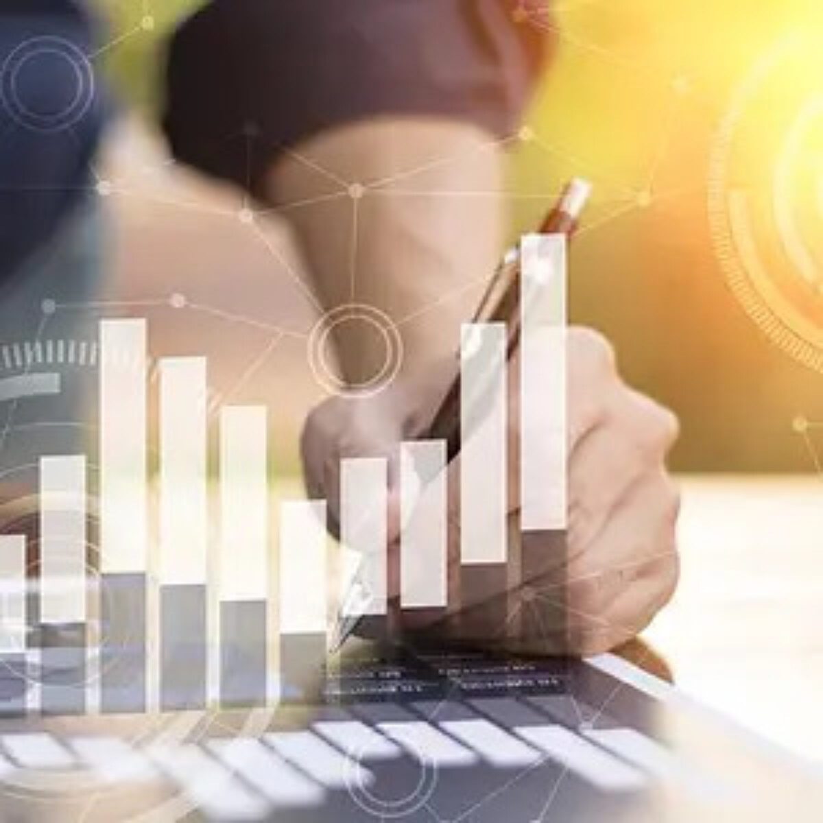 Hand interacting with a digital device displaying overlaid graphics including a rising bar chart and network connections. Represents data analysis, financial planning, business intelligence, and performance tracking with technology.