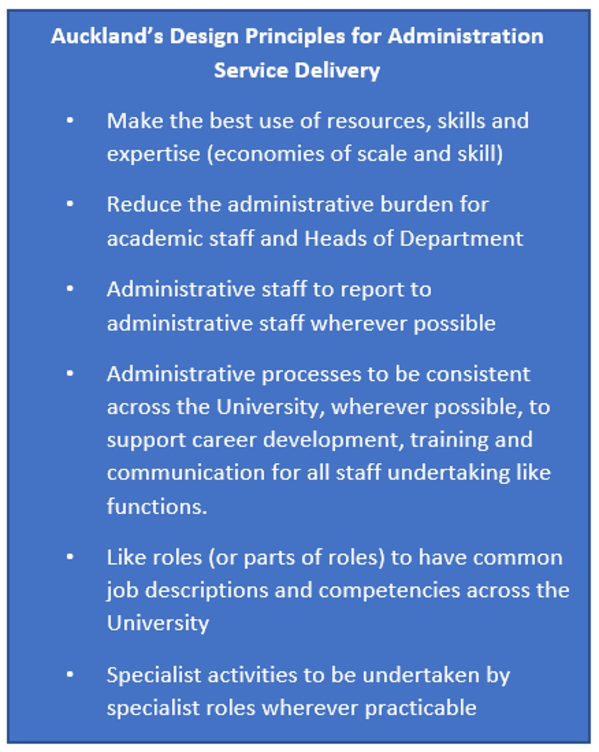 List outlining Auckland's Design Principles for Administration Service Delivery. Key principles include best use of resources (economies of scale/skill), reducing administrative burden, consistent processes, common job descriptions for like roles, and using specialist roles for specialist activities.
