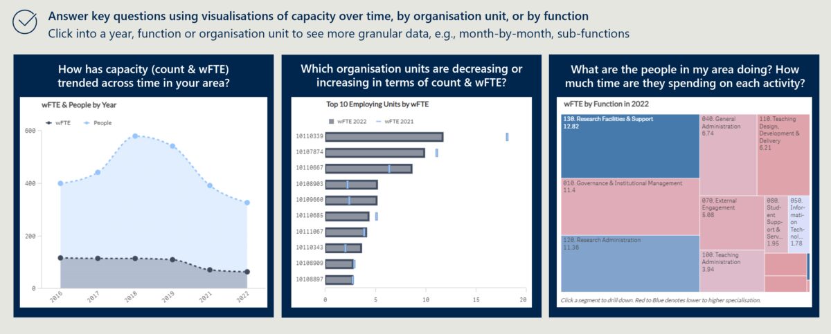 Three charts analysing staff capacity (wFTE): A line chart shows trends over time (2016-2022), a bar chart compares organisation unit wFTE changes (2021 vs 2022), and a treemap breaks down 2022 wFTE by function/activity.