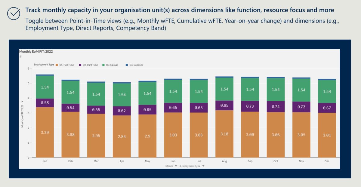 Stacked bar chart showing monthly wFTE for 2022, broken down by employment type (Full Time, Part Time, Casual, Supplier). Tracks capacity changes month-by-month from January to December.