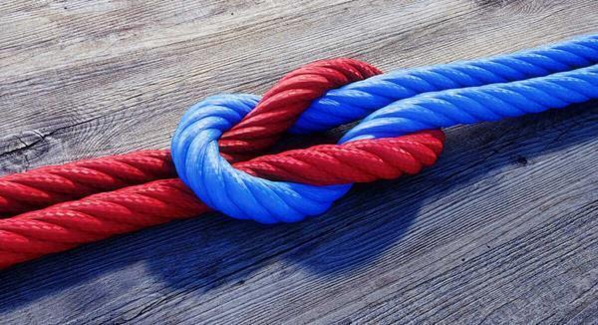 Thick red and blue ropes securely tied together in a strong knot, resting on a weathered wooden surface. Symbolises connection, partnership, strength, joining forces, or interdependence.