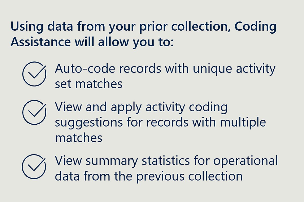 Checklist of Coding Assistance features using prior data: Auto-coding unique matches, suggesting codes for multiple matches, and viewing summary statistics.