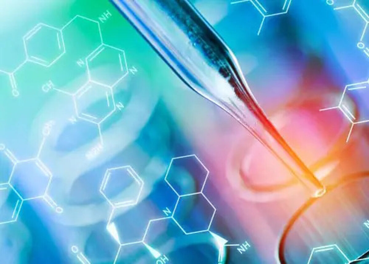 Close-up of a laboratory pipette dispensing liquid into scientific glassware, overlaid with glowing chemical structure diagrams. Vibrant blue, green, and orange lighting enhances the image, representing scientific research, chemistry, or biotechnology.